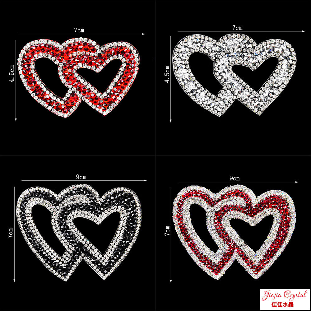 促销 大小双桃心烫钻图案diy心形爱心烫钻服装包包帽子烫图配件