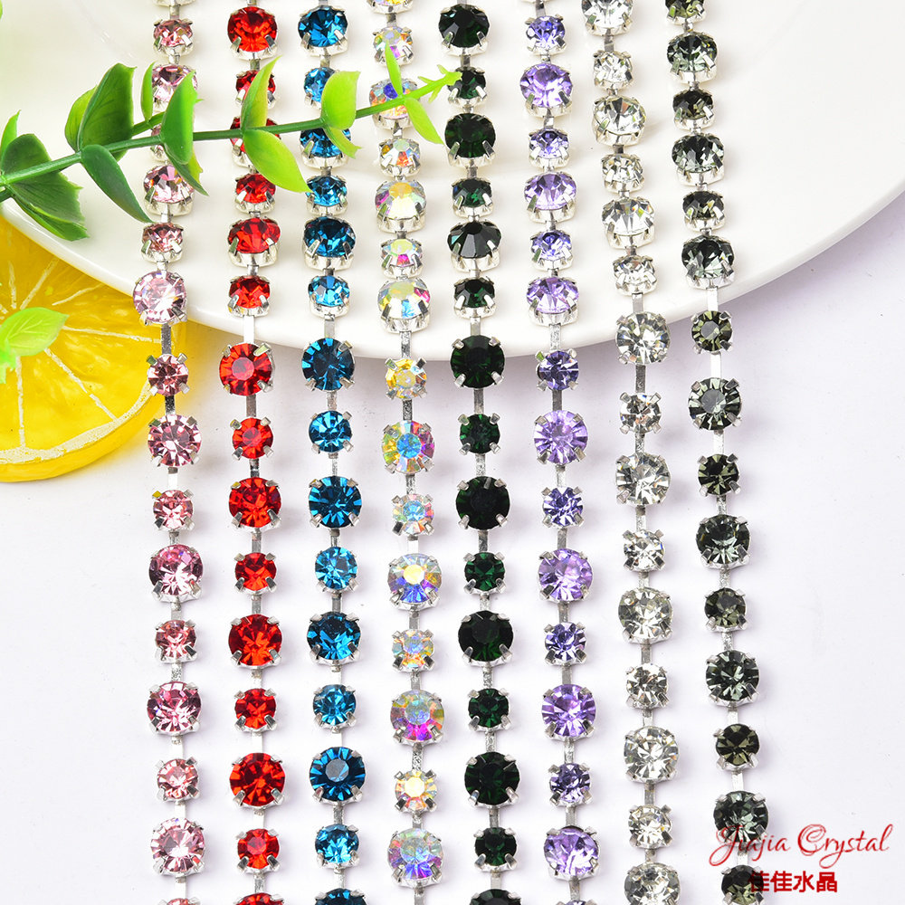 热销 6mm+8mm彩色圆钻链 手工夹钻链diy衣服婚纱包鞋饰装饰配件
