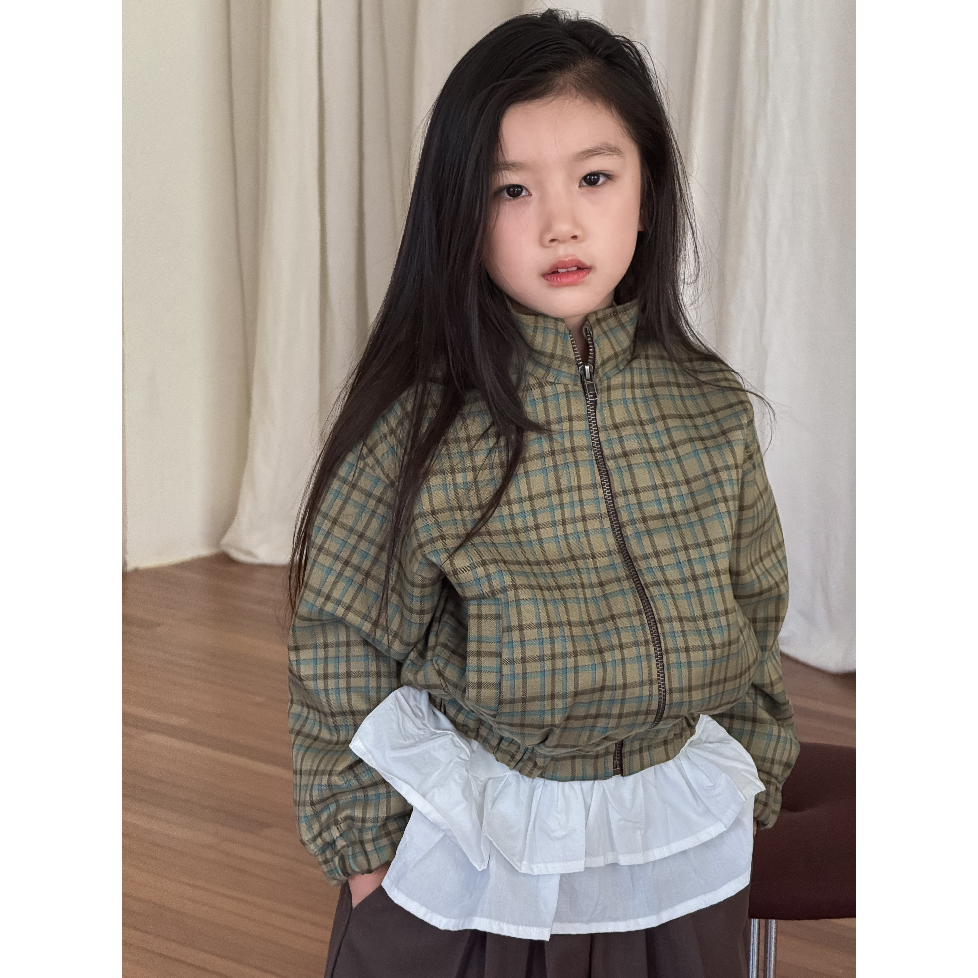 JIUJIU男女童洋气绿格子棒球服新款2025秋季薄款女童夹克外套潮
