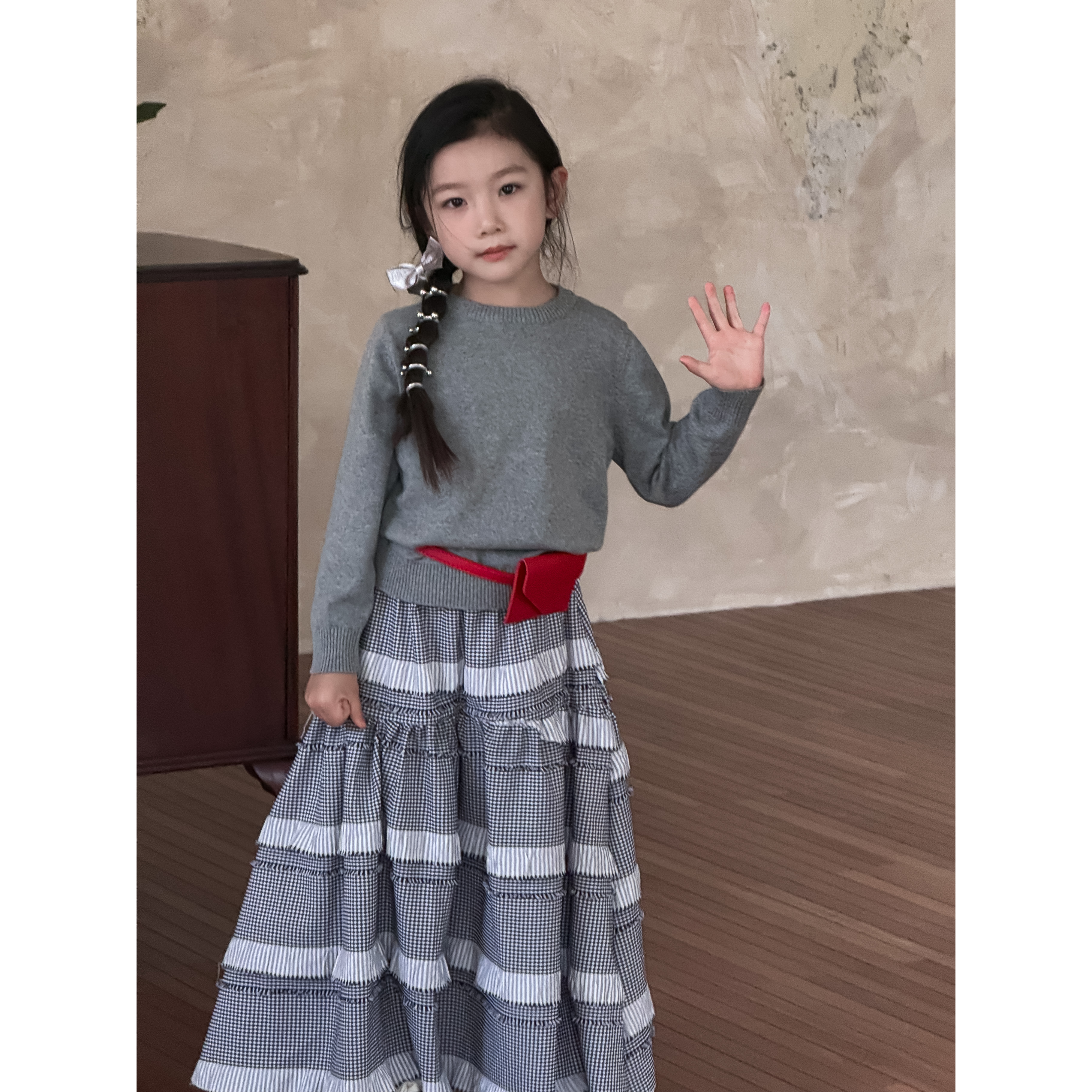 JIUJIU女童半身裙格子拼色裙子纯棉儿童装2025秋款蛋糕复古长裙
