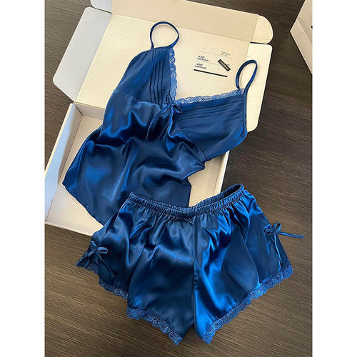 冰丝睡衣女夏季款高级感宝蓝色缎面蕾丝边吊带短裤舒适居家服套装