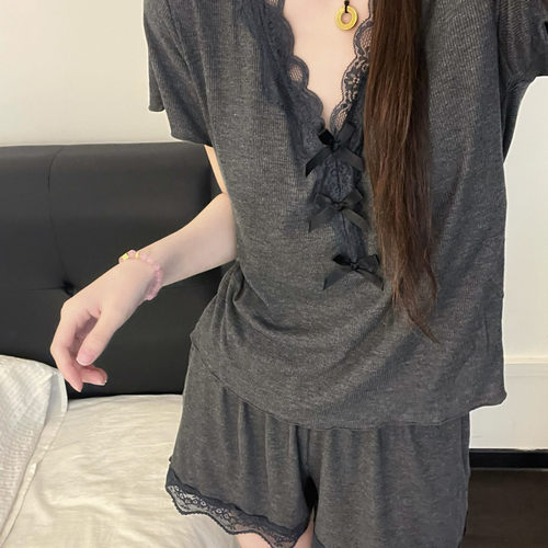 莫代尔高级感深灰色蕾丝睡衣女夏季带胸垫短袖短裤家居服套装外穿