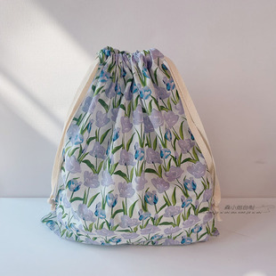 清新郁金香花束口袋抽绳收纳袋旅行衣物内衣内裤睡衣防尘棉布袋