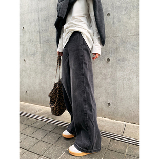 老米家秋冬直筒牛仔裤女宽松弯刀复古工装裤高腰显瘦黑灰色拖地裤