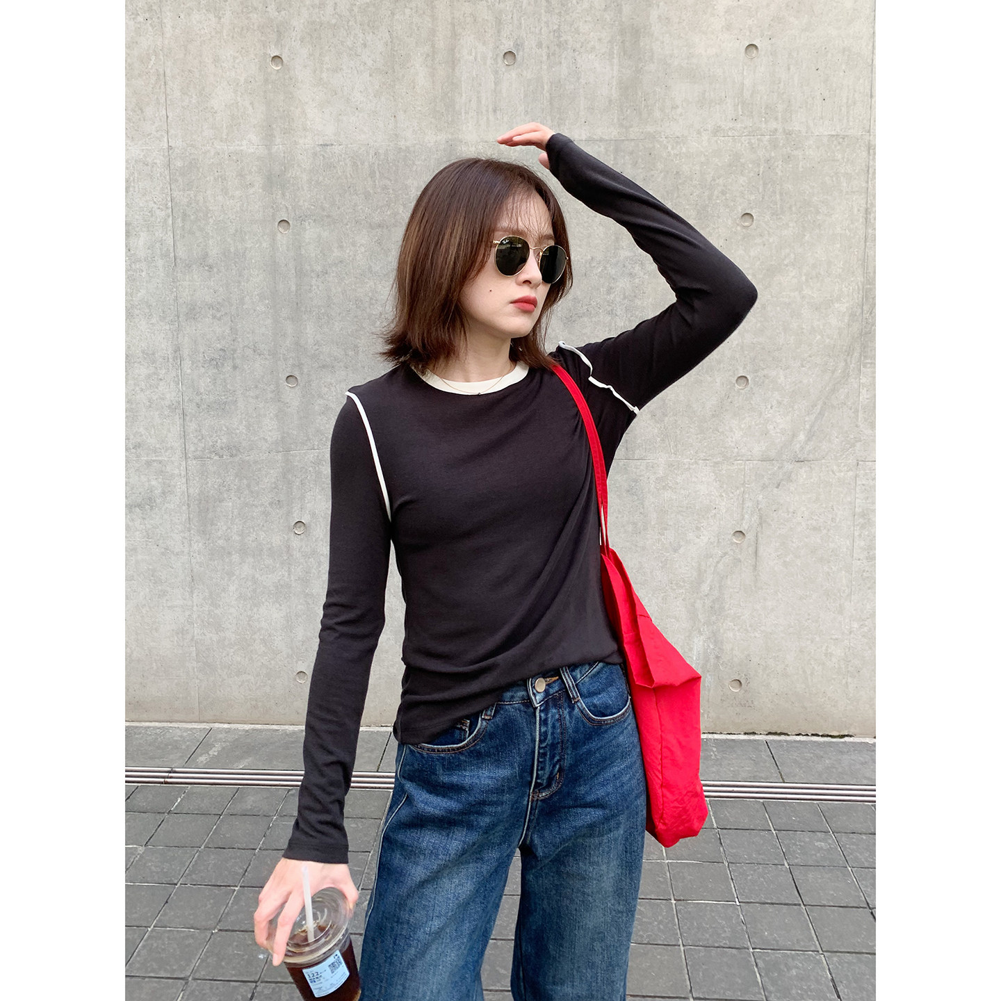 老米家 天丝羊毛黑白撞色假两件打底衫女秋冬圆领内搭T恤显瘦上衣,女装/女士精品,T恤,淘宝优惠券,粉丝福利购,淘宝优惠卷