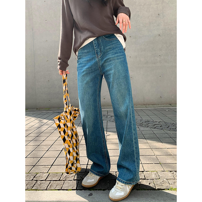 直筒长裤无弹力深蓝色宽松牛仔裤