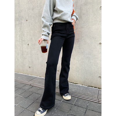 老米家 微喇裤女秋冬季加绒加厚保暖修身显瘦高腰弹力牛仔喇叭裤