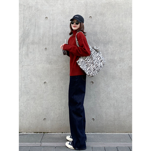 老米家 新年橘红色打底针织衫内搭黑色半高领宽松长袖毛衣女上衣