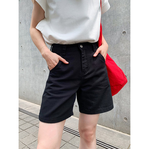 老米家2026夏季新款米白色牛仔短裤女黑色显瘦高腰阔腿休闲五分裤