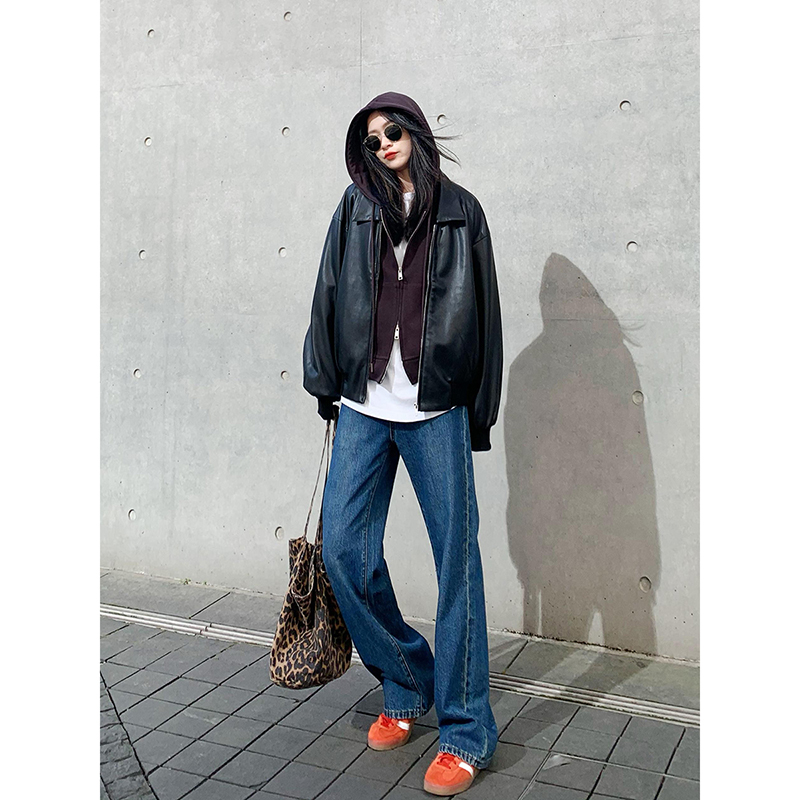 黑色宽松休闲中长款pu皮衣外套