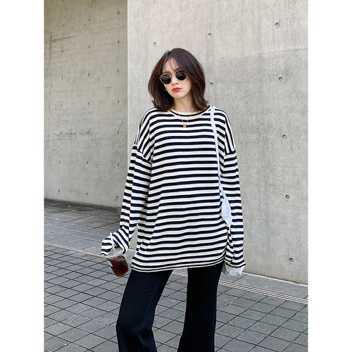 老米家 宽松中长款藏青米白色条纹长袖圆领针织毛衣T恤打底衫上衣
