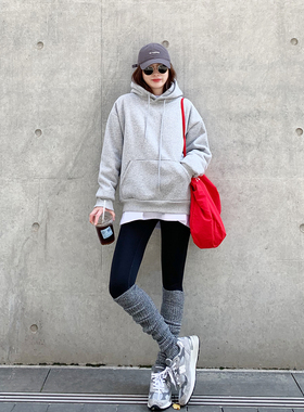 老米家秋冬重磅加厚加绒基础款浅灰色长袖宽松帽衫女休闲连帽卫衣