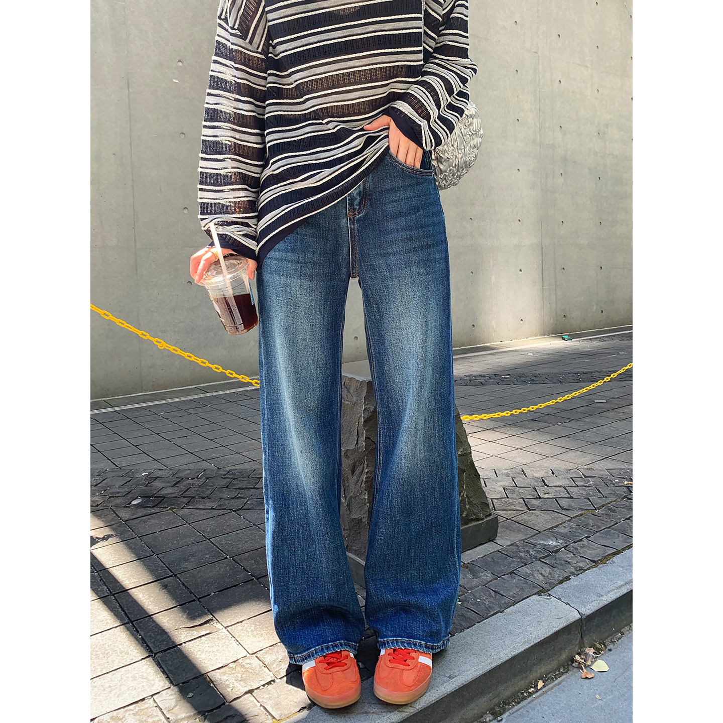 老米家 高腰宽松直筒长裤2025秋季新款深蓝色水洗显瘦阔腿牛仔裤,女装/女士精品,牛仔裤,淘宝优惠券,粉丝福利购,淘宝优惠卷