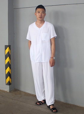 棉绸男装夏季中老年人造棉开衫圆领短袖家居服睡衣长裤两件套装薄