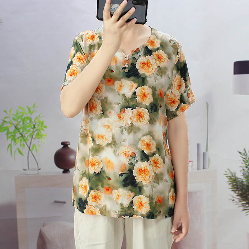 中老年人造棉T恤衫女装棉绸短袖上衣夏宽松妈妈衣服加肥小衫薄款