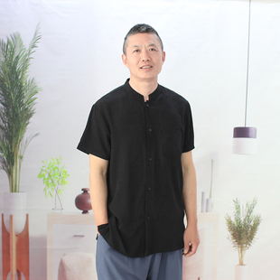 立领棉绸短袖衬衫男士夏季宽松人造棉休闲衬衣爸爸睡衣薄绵绸开衫