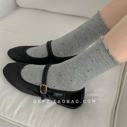 灰色袜子女中筒袜棉质花边点点