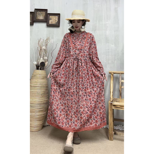 春装新复古棉麻印花褶子立领长袖连衣裙女宽松显瘦系带花边A字裙