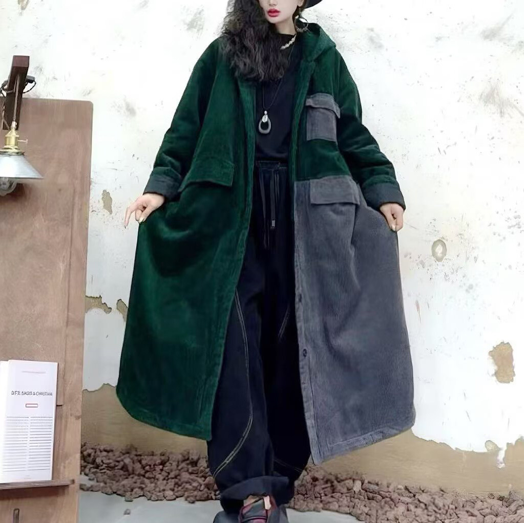 复古牛仔拼灯芯绒连帽棉服女棉衣