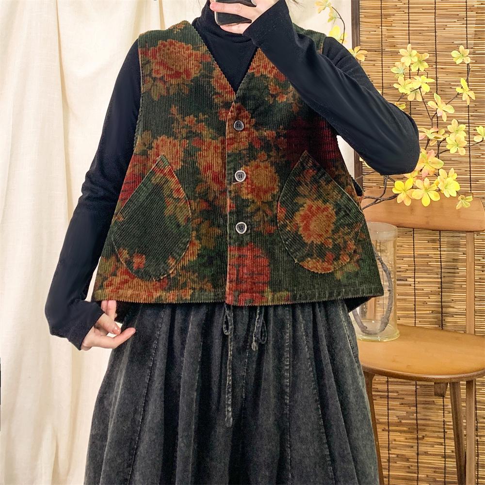 单排扣复古印花V领灯芯绒马夹女