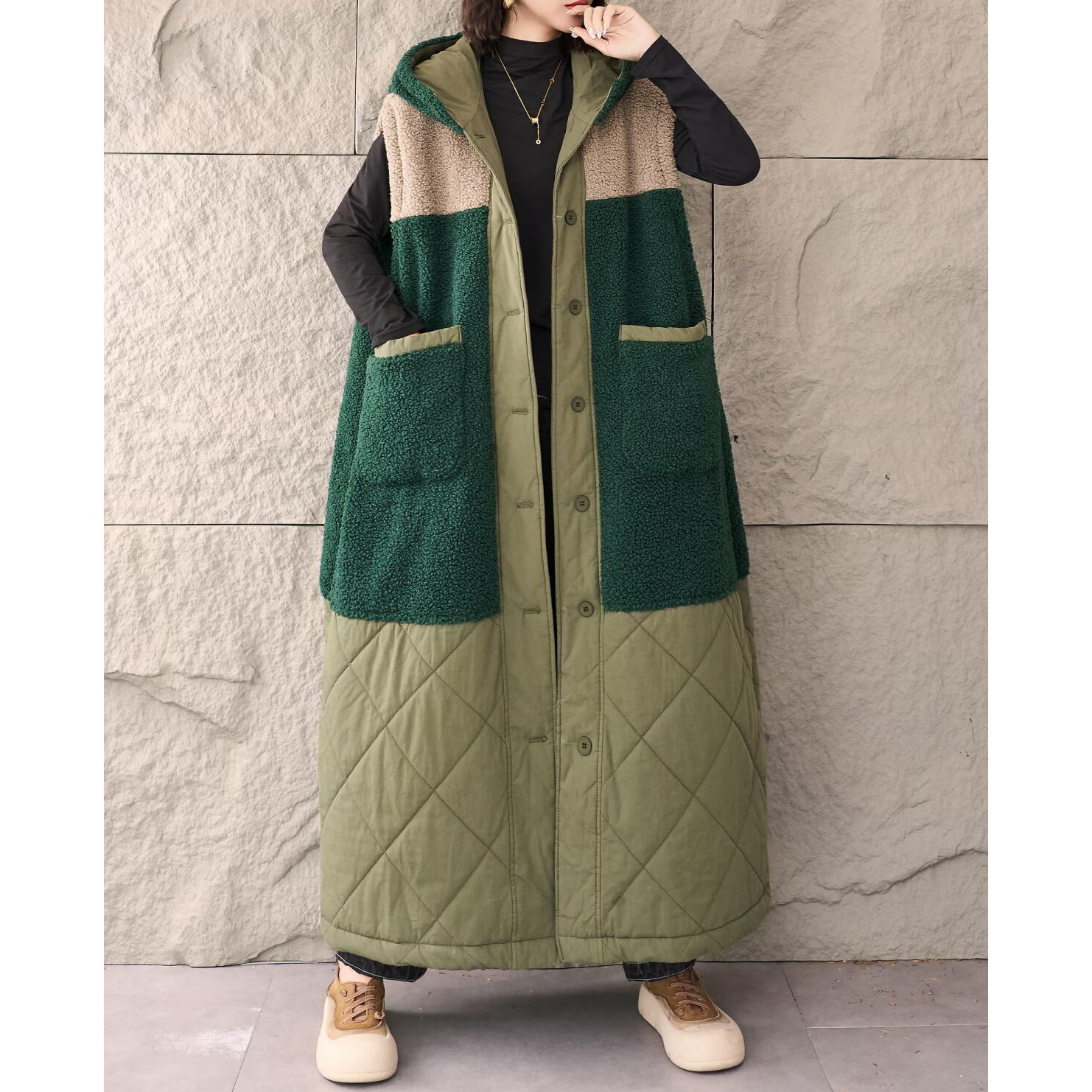 复古拼接撞色毛毛连帽棉长马甲女