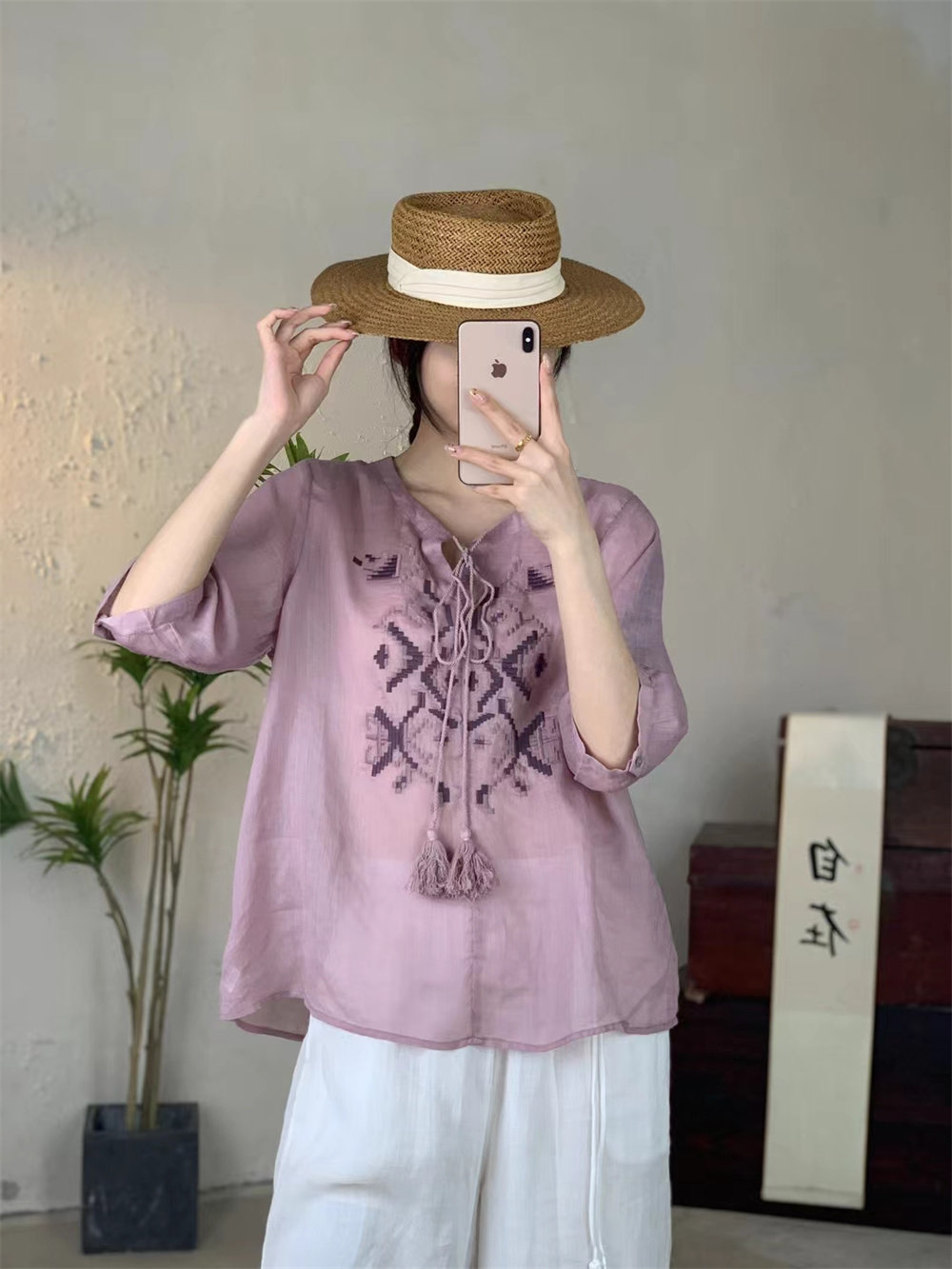 宽松文艺套头半袖苎麻刺绣衬衫