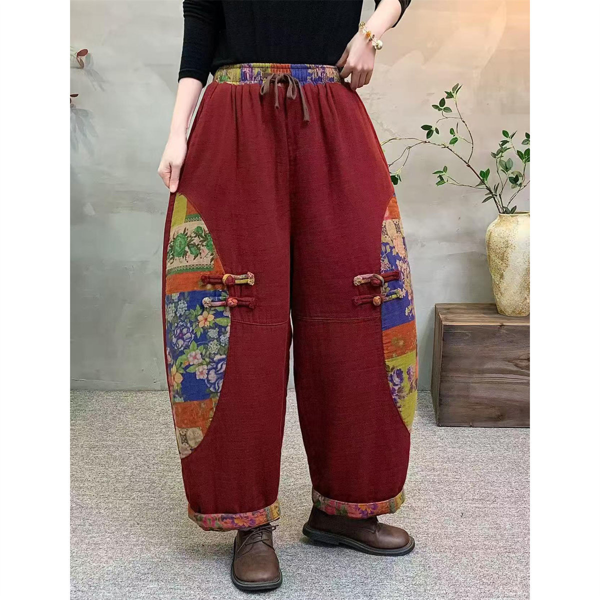 冬季复古印花盘扣加棉显瘦女棉裤