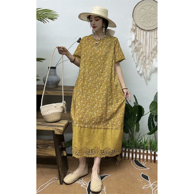 文艺复古棉麻印花拼花边连衣裙女