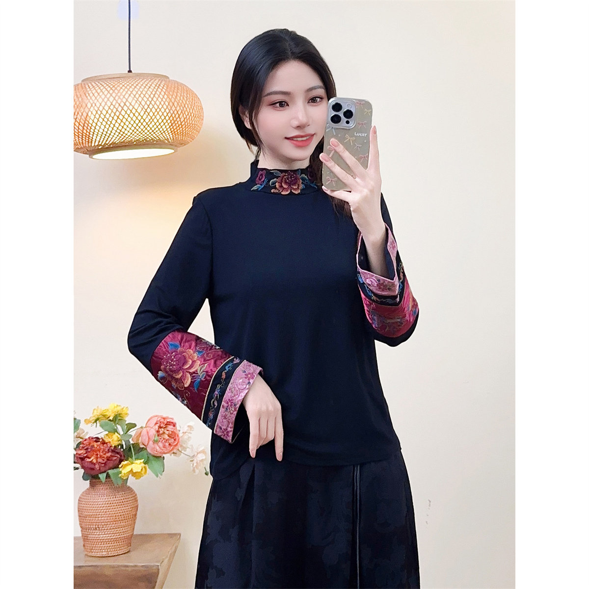 秋季新民族刺绣半高领长袖T恤女