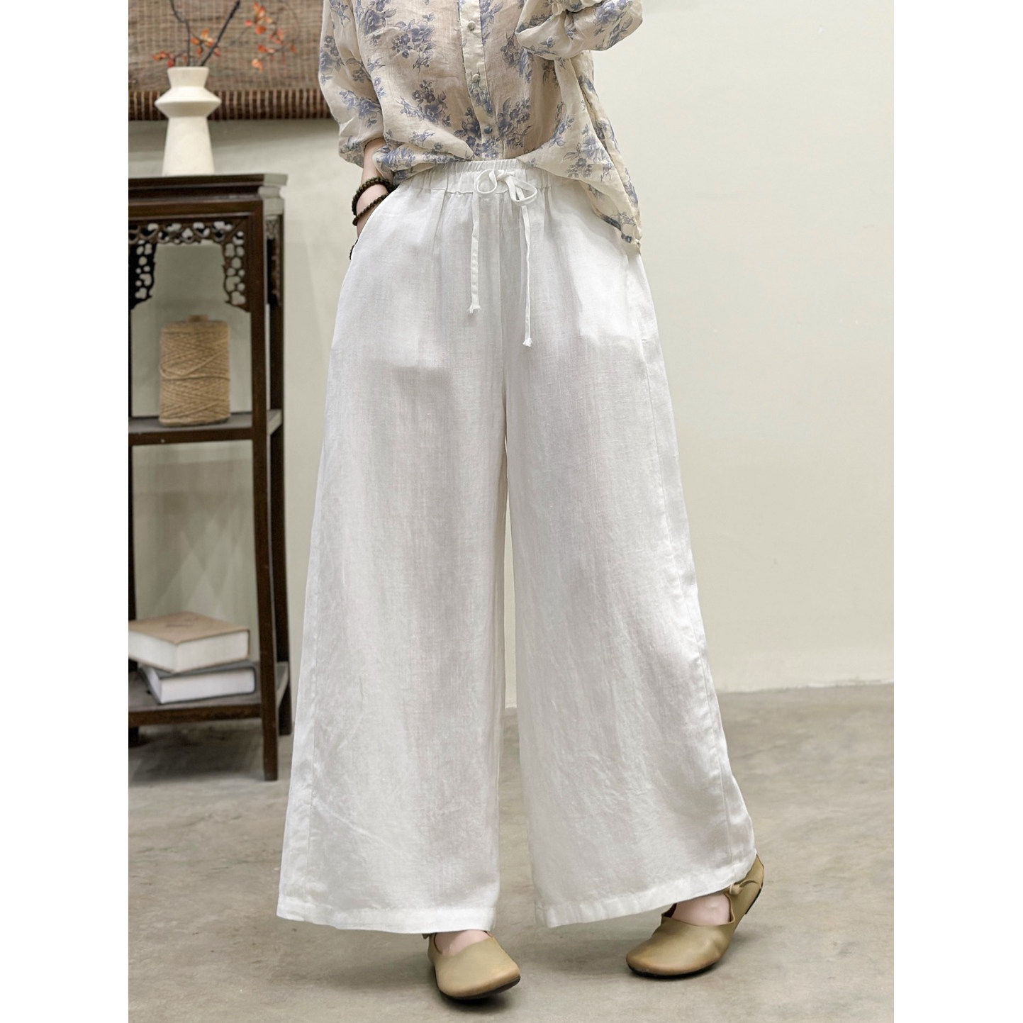 夏季新文艺纯亚麻松紧高腰阔腿裤女宽松显瘦系带直筒休闲裤长裤女