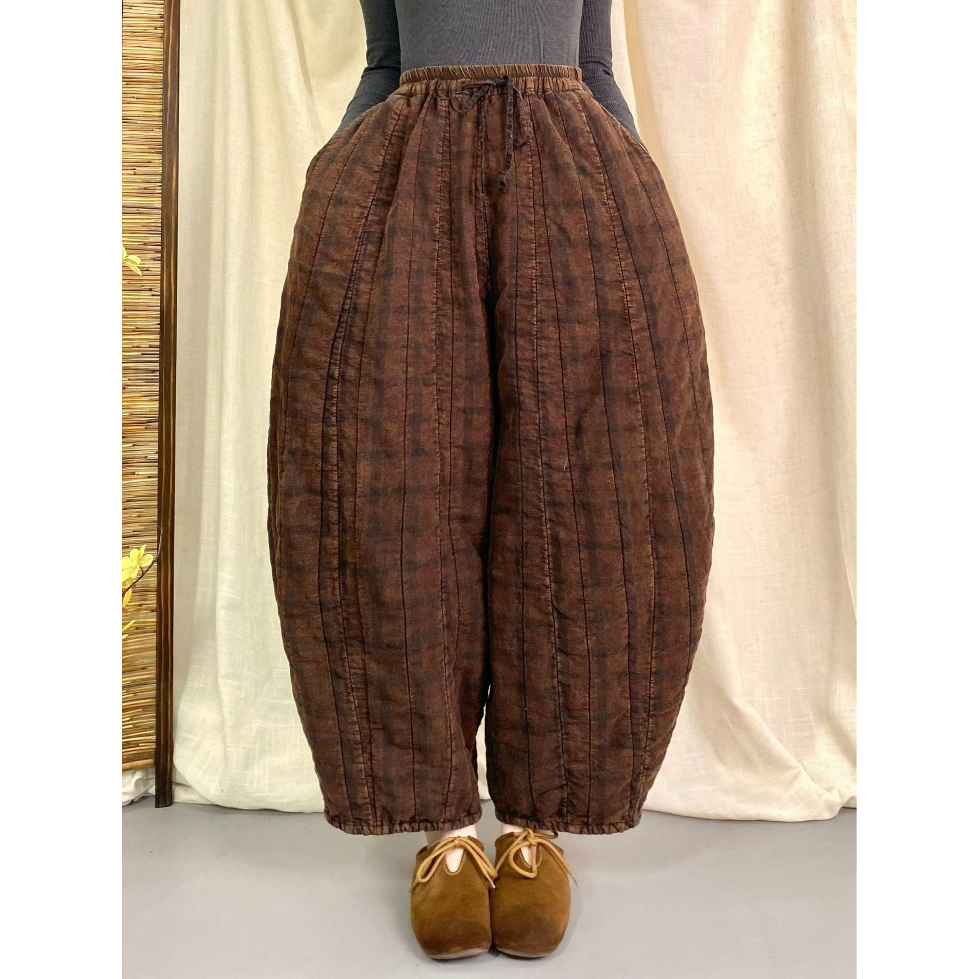 冬季新复古棉麻炒色夹棉加厚棉裤女宽松显瘦保暖拼接南瓜棉裤女