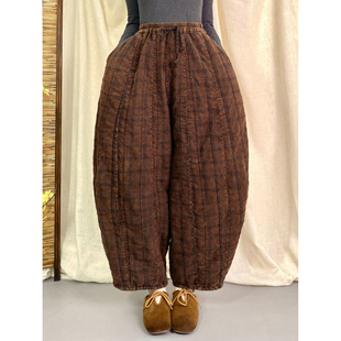 冬季新复古棉麻炒色夹棉加厚棉裤女宽松显瘦保暖拼接南瓜棉裤女