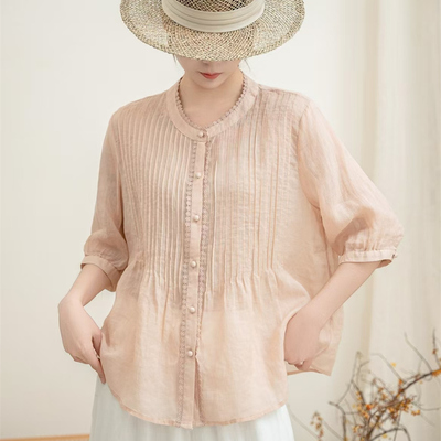 复古花边拼接褶子苎麻半袖衬衣女