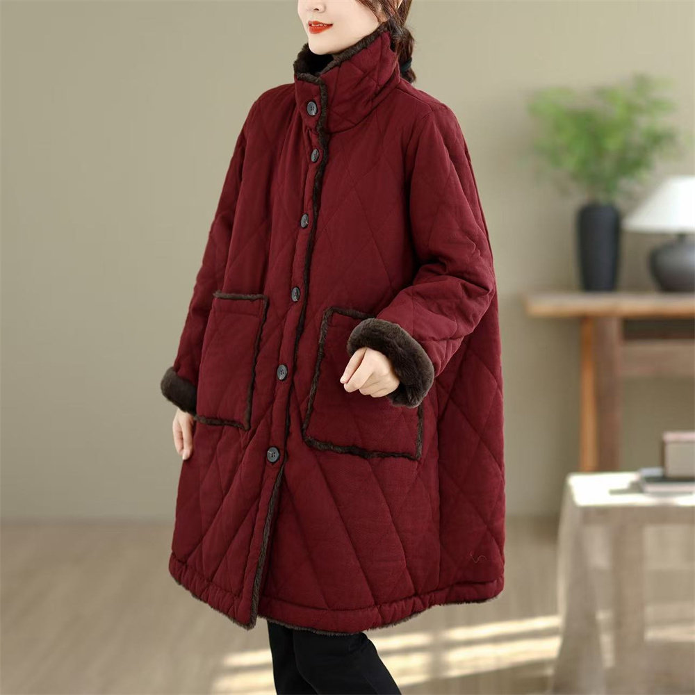 冬季新复古衍棉格加棉加绒立领棉服女中长款加厚保暖宽松连帽棉服