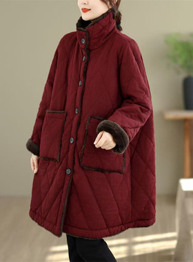 冬季新复古衍棉格加棉加绒立领棉服女中长款加厚保暖宽松连帽棉服