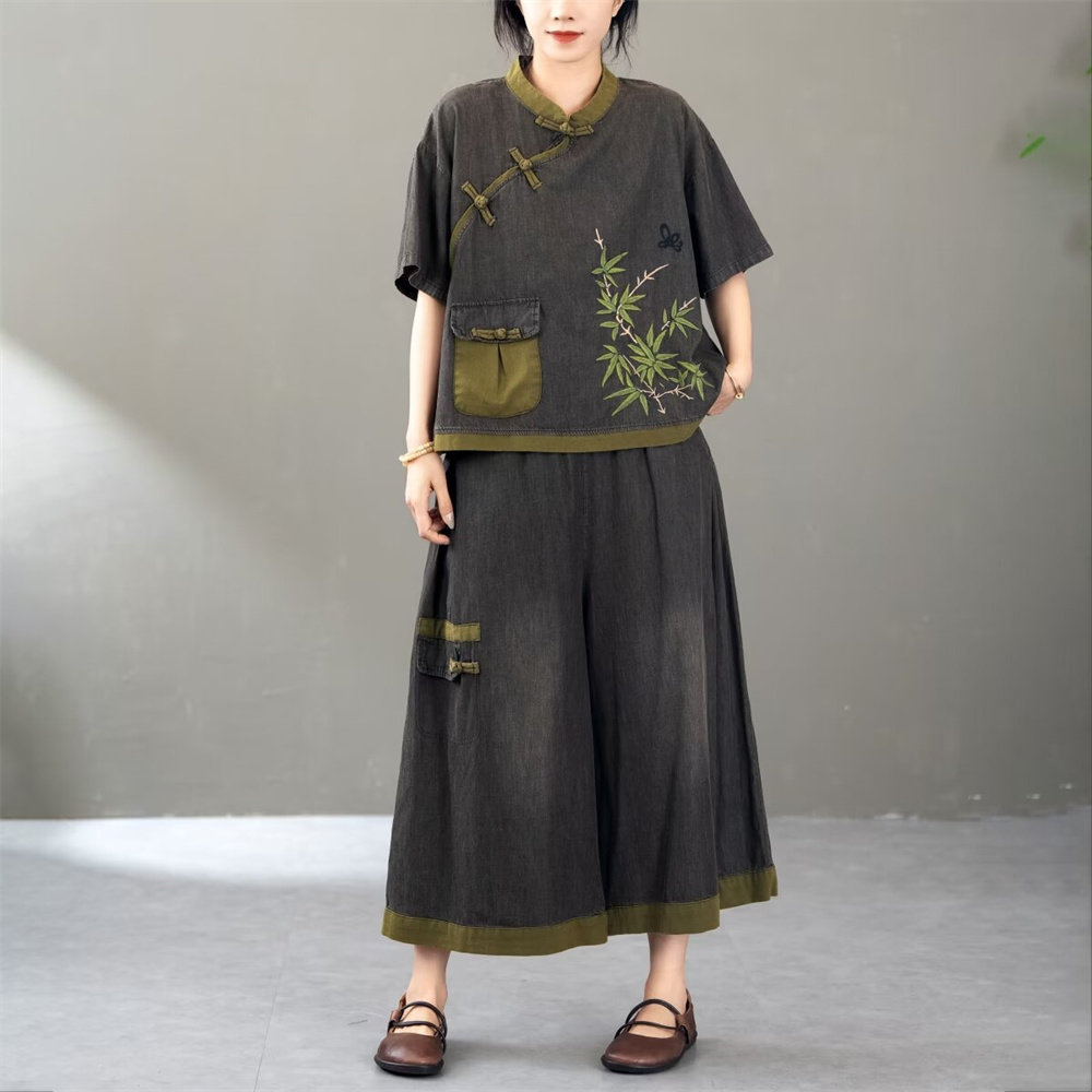 棉2024夏刺绣拼接牛仔套装