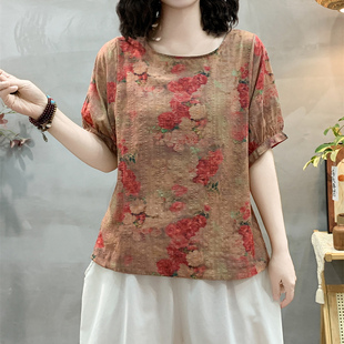 套头花卉上衣体恤女 夏 复古棉麻印花圆领灯笼短袖 T恤衫 女宽松大码