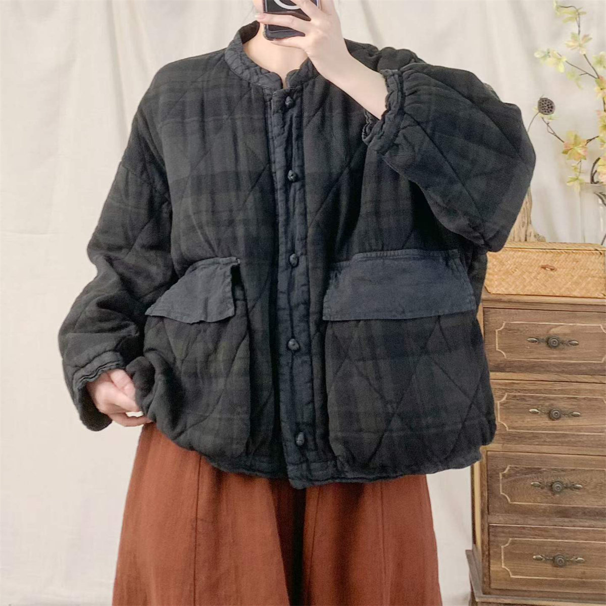 冬季复古格纹立领盘扣加厚棉服女