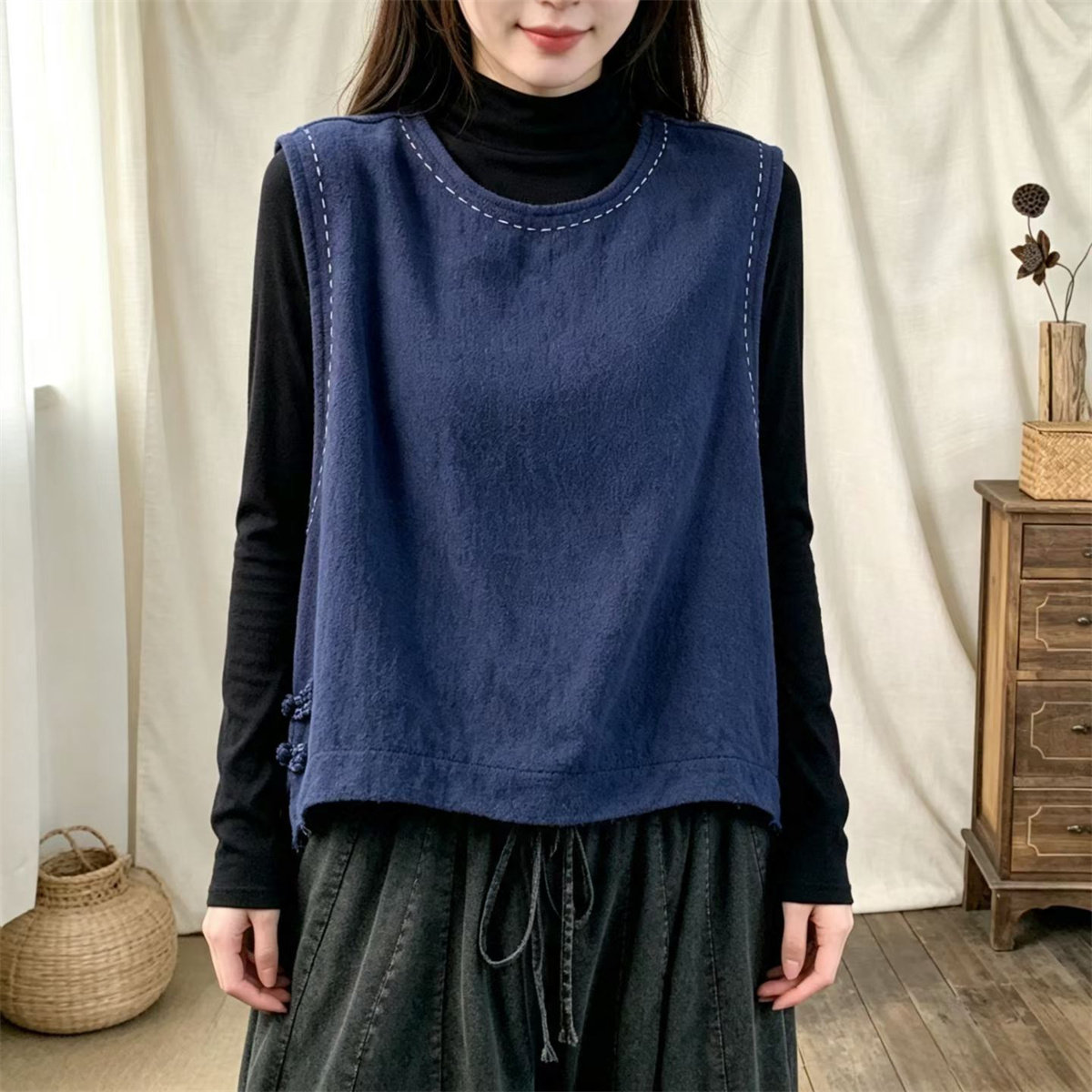 秋季复古亚麻圆领显瘦女马甲背心