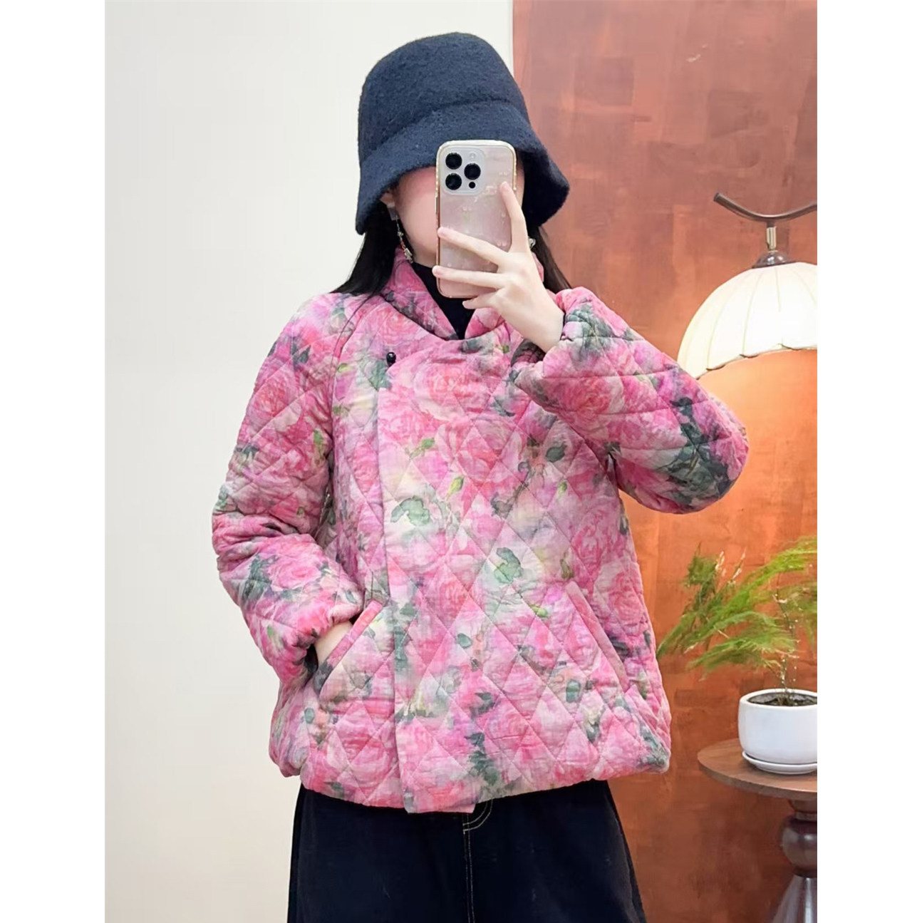 丝棉常规复古风宽松印花加厚棉服