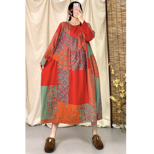 春秋新款复古棉麻双面提花长袖拼接连衣裙女宽松显瘦大码A字长裙
