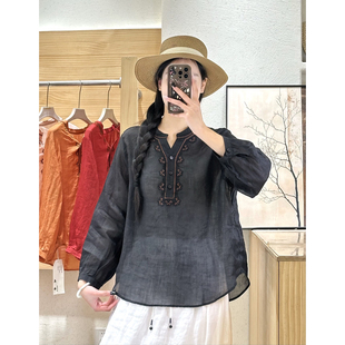 夏季新复古刺绣纯苎麻长袖衬衫女宽松显瘦薄款套头V领衬衣上衣女