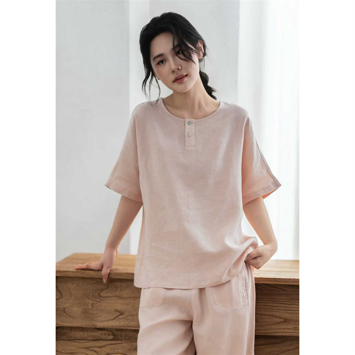 夏季纯汉麻短袖贝壳扣显瘦T恤女