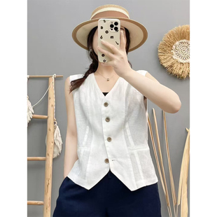 夏季新文艺纯亚麻木扣V领无袖纯色马甲女休闲百搭短款马夹女坎肩