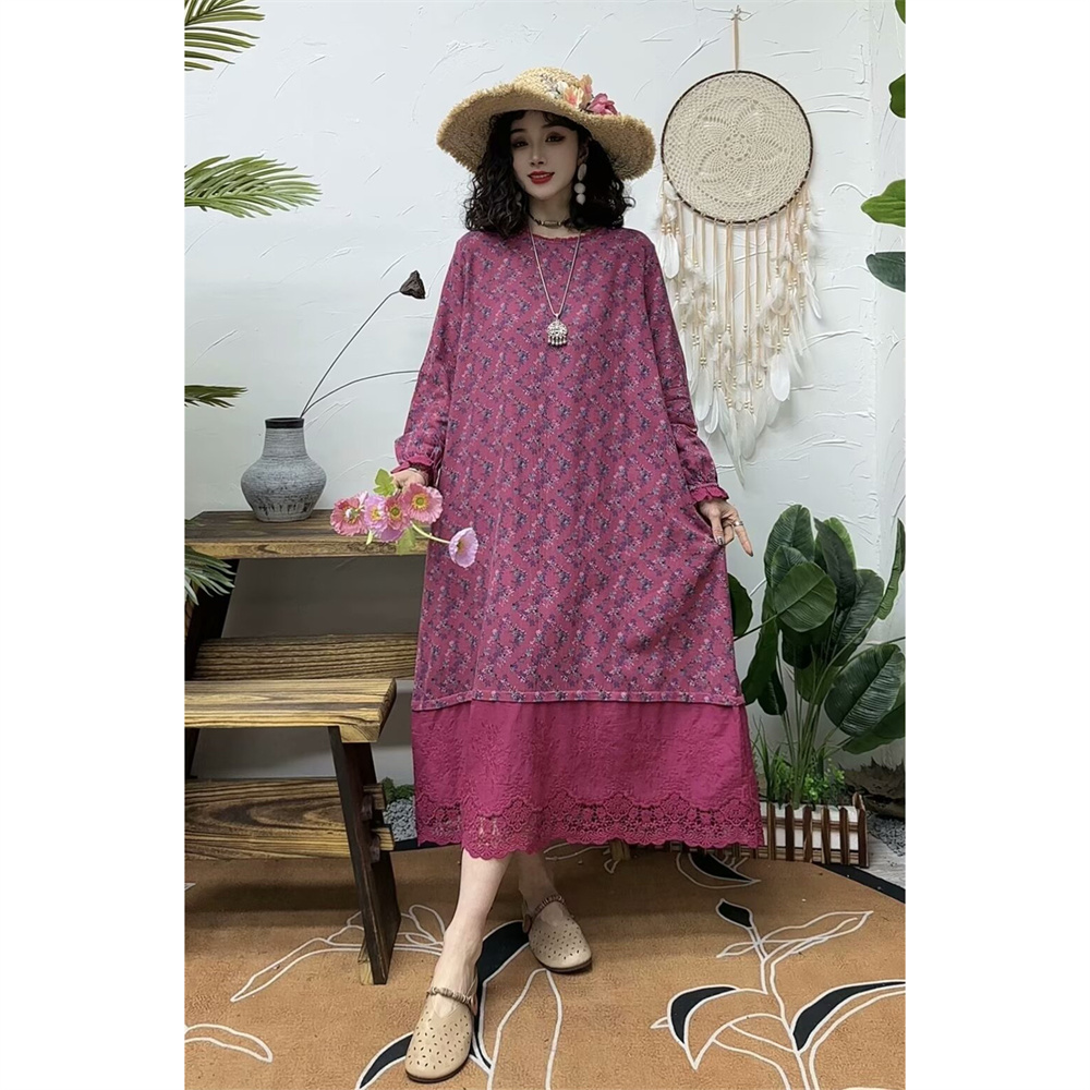 春季新款棉麻印花拼花边A字裙女