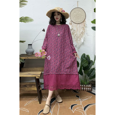 春季新款棉麻印花拼花边A字裙女