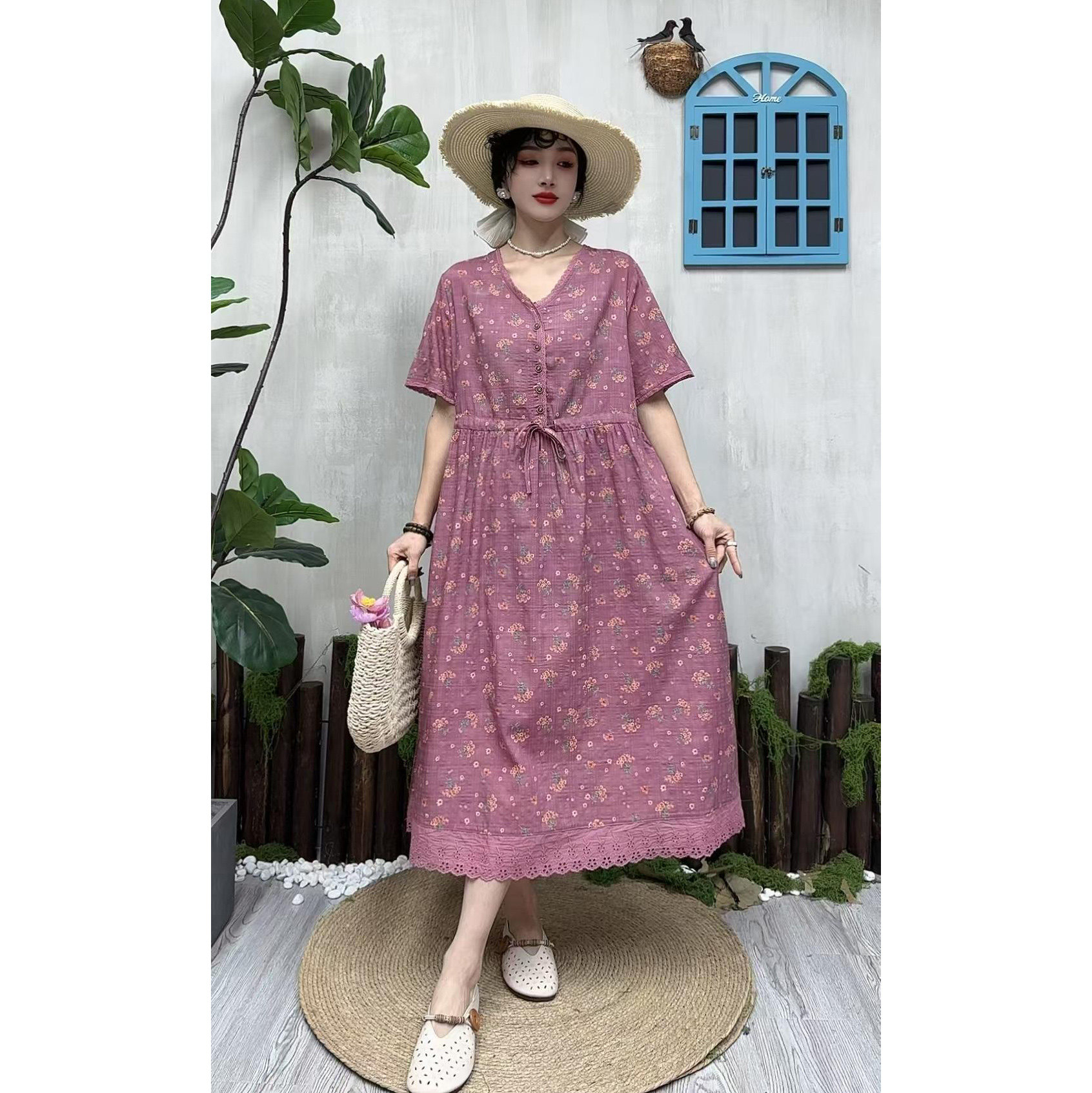 夏季复古棉麻碎花V领A字连衣裙女