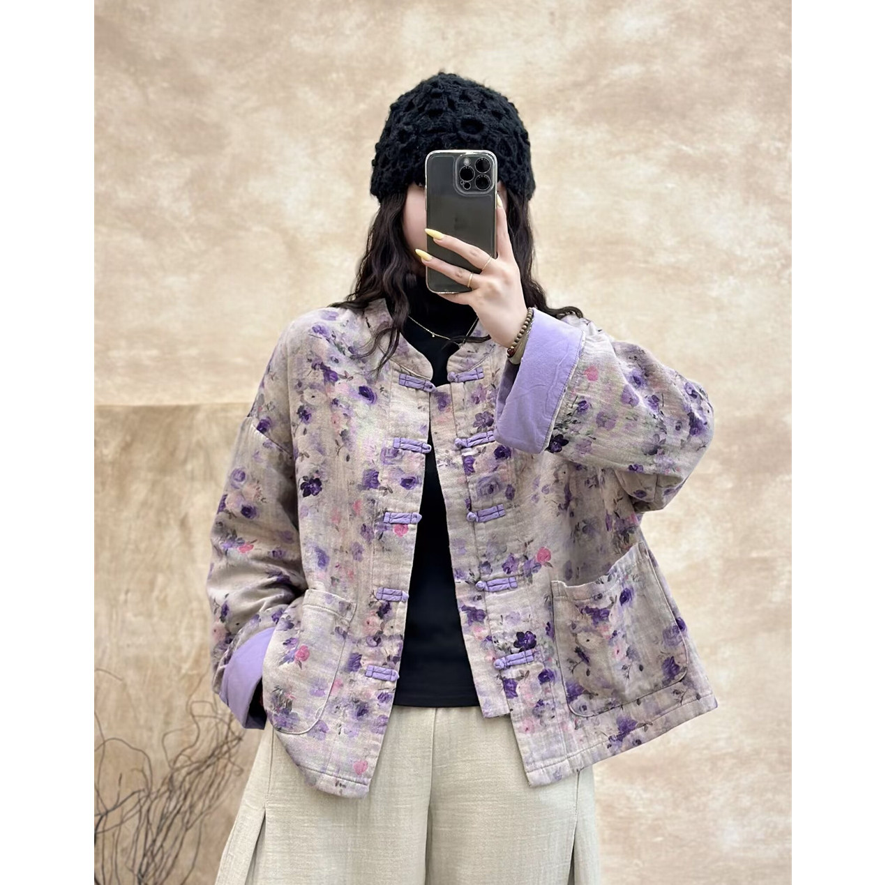 春秋新中式复古印花盘扣立领长袖宽松外套女双纱拼色袖显瘦上衣女,女装/女士精品,短外套,淘宝优惠券,粉丝福利购,淘宝优惠卷