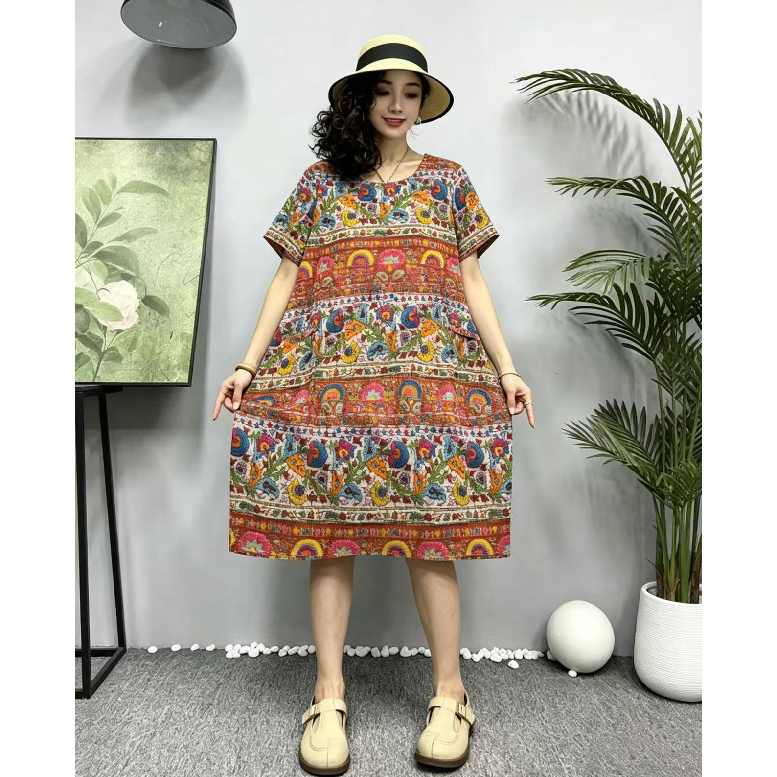 夏季复古棉印花显瘦短袖连衣裙女