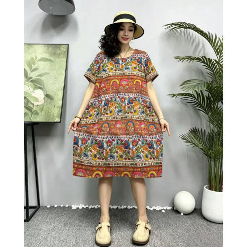 夏季复古棉印花显瘦短袖连衣裙女